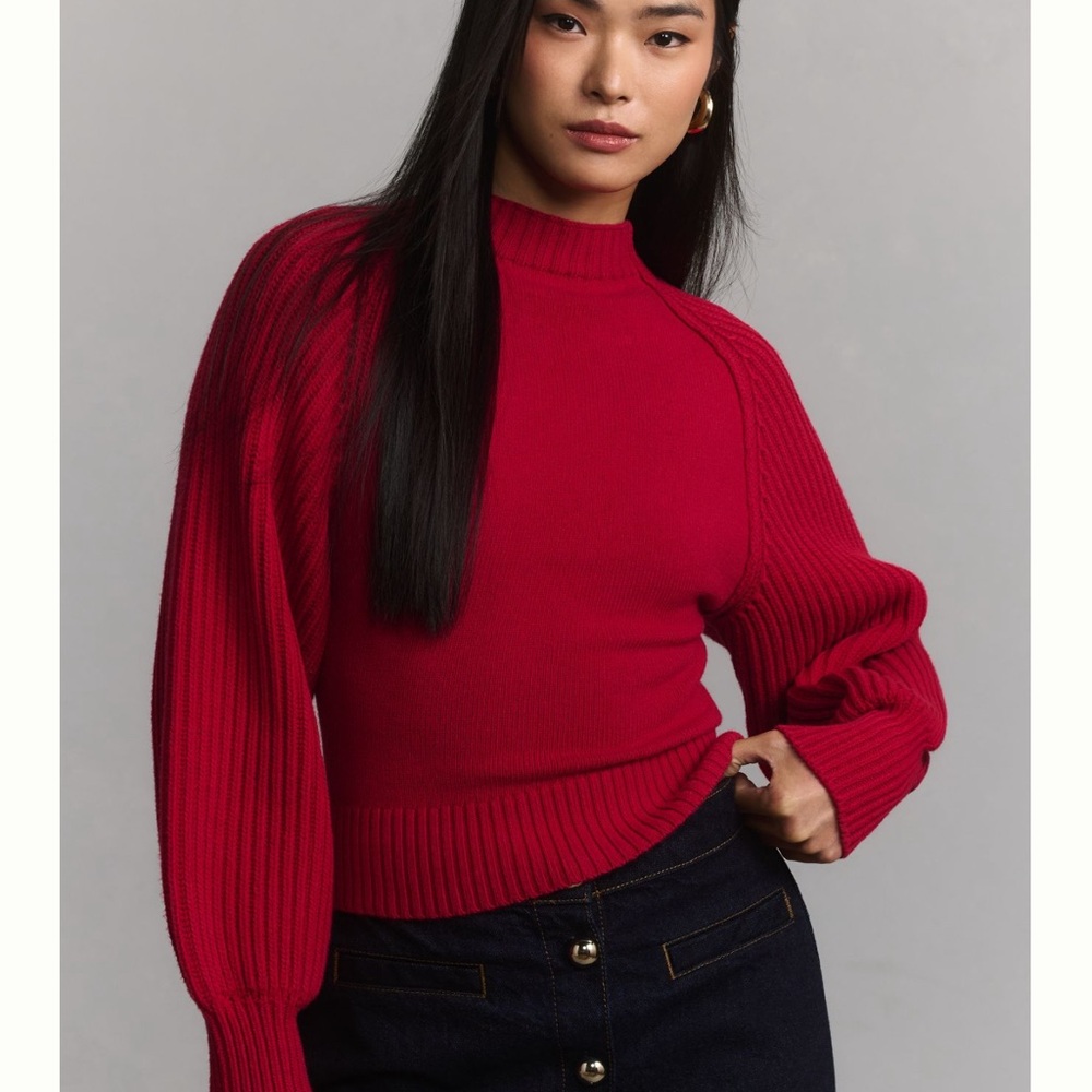 Anthropologie Maeve Mock-Neck Raglan Ribbed Sleeve Pullover Sweater NWT